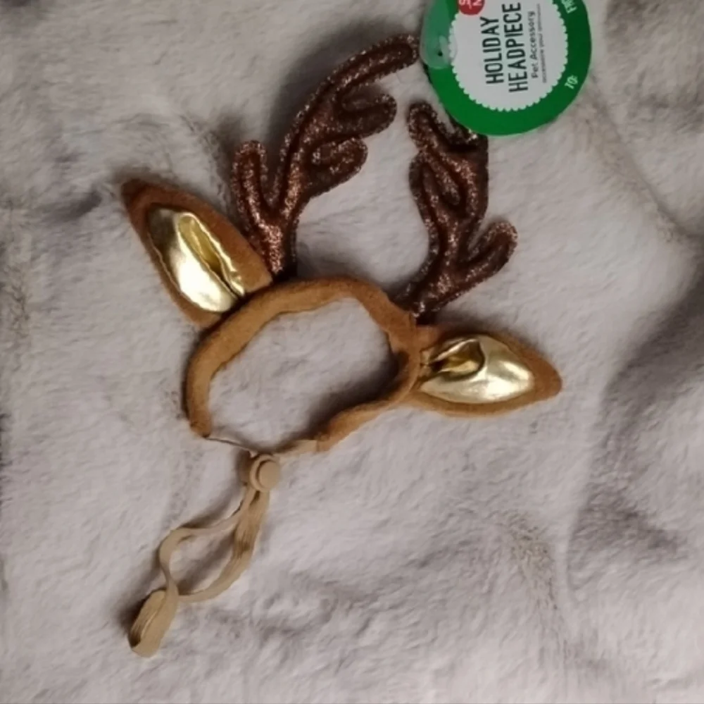 NWT Merry & Bright Brown Glitter Reindeer Antlers Headband For Pets Size L/XL